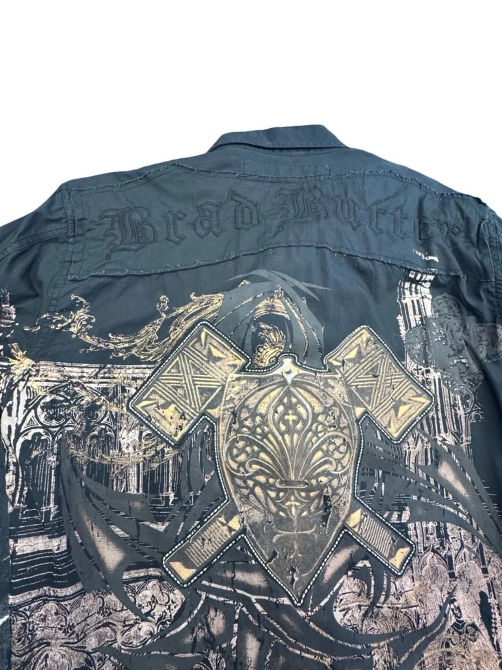 Brad Butter Black Graphic Button Up Mens Large Y2K Crest Shirt Streetwear - Picture 6 of 7